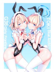 Rule 34 | 2girls, absurdres, animal ears, apxkf2003, black leotard, blonde hair, blue archive, blue eyes, bow, bowtie, braid, braided bangs, bun cover, covered navel, detached collar, fake animal ears, fake tail, g36 (girls&#039; frontline), girls&#039; frontline, hair bun, halo, hand on own hip, heart, heart hands, heart hands duo, highleg, highleg leotard, highres, leotard, maid headdress, multiple girls, playboy bunny, rabbit ears, rabbit tail, short hair, strapless, strapless leotard, tail, thighhighs, toki (blue archive), v, white thighhighs, wrist cuffs