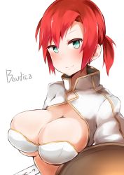 Rule 34 | 1girl, aqua eyes, blush, boudica (fate), breasts, cleavage, fate/grand order, fate (series), highres, large breasts, looking at viewer, ponytail, red hair, smile, solo, upper body