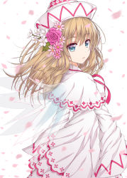 Rule 34 | 1girl, :o, blonde hair, blue eyes, capelet, cherry blossoms, dress, fairy wings, flower, hair flower, hair ornament, hat, highres, kitou kaitai, lily white, long hair, long sleeves, looking at viewer, looking to the side, red ribbon, ribbon, simple background, solo, touhou, white background, white dress, wide sleeves, wings