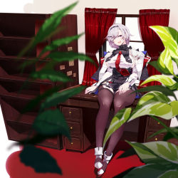 Rule 34 | 1girl, azur lane, bare shoulders, black collar, black hairband, black skirt, bookshelf, breasts, brown legwear, collar, commentary request, desk, detached collar, detached sleeves, grey hair, hair ornament, hairband, hairclip, hand on own thigh, head tilt, highres, indoors, kasuteru, large breasts, looking at viewer, necktie, office, on desk, on table, one eye closed, open mouth, plant, purple eyes, red carpet, red necktie, reno (azur lane), short hair, sideboob, simple background, sitting, skirt, smile, solo, table, teeth, thighs, upper teeth only, window