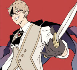 Rule 34 | 1boy, ascot, black ascot, black gloves, black jacket, blonde hair, brooch, collared shirt, evil grin, evil smile, fate/grand order, fate/prototype, fate/prototype: fragments of blue and silver, fate (series), glasses, gloves, grey vest, grin, hair between eyes, holding, holding knife, jacket, jacket on shoulders, jekyll and hyde (fate), jewelry, knife, looking at viewer, male focus, miyamakoume, pointing weapon, red background, red eyes, sharp teeth, shirt, short hair, simple background, smile, solo, teeth, uneven eyes, upper body, vest, white shirt