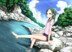 Rule 34 | 1girl, arm support, barefoot, black shorts, blue sky, blush, closed mouth, cloud, commentary request, day, dutch angle, esoragoto, green eyes, green hair, long hair, looking away, minobiyo, outdoors, pink shirt, puffy short sleeves, puffy sleeves, shirt, short shorts, short sleeves, shorts, sitting, sky, smile, soaking feet, solo, stream, striped clothes, striped shirt, tree, water, wet