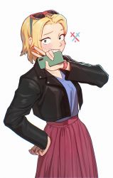 Rule 34 | 1girl, aged up, amphibia, arm up, black jacket, blonde hair, blouse, blue eyes, blue shirt, blush, cellphone, earrings, eyewear on head, facial scar, hand on own hip, highres, jacket, jewelry, long skirt, looking at viewer, mature female, phone, pink skirt, quiroring, sasha waybright, scar, scar on cheek, scar on face, shirt, short hair, skirt, smile, solo, sunglasses, teeth, v