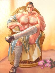 Rule 34 | 1boy, abs, ainu clothes, arm hair, bara, bare pectorals, beard, black hair, buzz cut, chest hair, coat, convenient censoring, facial hair, flower, gaiters, golden kamuy, hairy, large pectorals, leg hair, leg up, looking at viewer, male focus, mature male, muscular, muscular male, naked coat, navel, navel hair, nipples, nopinzo, official alternate costume, open clothes, open coat, pectorals, photography, pink flower, shoes, short hair, sideburns, solo, stomach, sunlight, tanigaki genjirou, thick eyebrows, thick thighs, thighs, very short hair