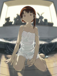 Rule 34 | 1girl, bare shoulders, barefoot, bed, brown eyes, brown hair, collarbone, donnpati, dress, full body, hair ornament, highres, indoors, iwakura lain, looking at viewer, on floor, serial experiments lain, short hair, sitting, solo, strap slip, stuffed animal, stuffed rabbit, stuffed toy, teddy bear, wariza, white dress, x hair ornament
