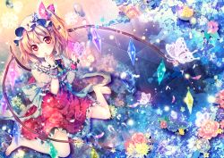 Rule 34 | 1girl, barefoot, blonde hair, bow, bug, butterfly, dress, embellished costume, flandre scarlet, floral print, flower, hat, hat bow, bug, looking at viewer, mob cap, pink rose, puffy short sleeves, puffy sleeves, red dress, red eyes, riichu, rose, sash, shirt, short sleeves, side ponytail, sitting, solo, touhou, wariza, wings, wrist cuffs, yellow rose