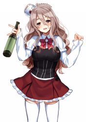 Rule 34 | 10s, 1girl, anchor, blush, bottle, breasts, brown eyes, eyebrows, frilled skirt, frills, grey hair, hair between eyes, hat, highres, holding, holding bottle, kantai collection, large breasts, long hair, long sleeves, looking at viewer, m/, mini hat, miniskirt, open mouth, pola (kancolle), red skirt, round teeth, ryuuki (hydrangea), skirt, solo, standing, teeth, thick eyebrows, thighhighs, twitter username, wavy hair, white thighhighs, zettai ryouiki