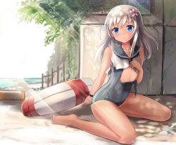 Rule 34 | 10s, 1girl, barefoot, blonde hair, blue eyes, crop top, dappled sunlight, flower, hair flower, hair ornament, kantai collection, lifebuoy, long hair, ro-500 (kancolle), sakura ani, school swimsuit, school uniform, serafuku, solo, sunlight, swim ring, swimsuit, swimsuit under clothes, tan, tanline, torn clothes, torn swimsuit