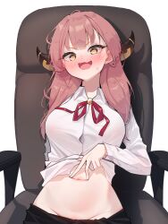 Rule 34 | 1girl, agnamore, aru (blue archive), black skirt, blue archive, blush, breasts, clothes lift, commentary request, demon horns, groin, highres, horns, large breasts, lifted by self, looking at viewer, navel, neck ribbon, nervous smile, no halo, nose blush, on chair, pink hair, ribbon, shirt, shirt lift, simple background, sitting, skirt, smile, solo, spread navel, sweatdrop, white background, white shirt