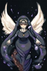Rule 34 | 1girl, blonde hair, cross, cross necklace, double (skullgirls), expressionless, feathered wings, habit, intestines, jewelry, long sleeves, necklace, nun, oisi, red eyes, short hair, skullgirls, solo, toi (toiot), traditional nun, white wings, wings