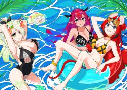 4girls absurdres animal_ears ankle_scrunchie barefoot bikini black_bikini black_one-piece_swimsuit blue_eyes breasts ceres_fauna eyewear_on_head feet flower gawr_gura green_hair hair_bun hair_flower hair_ornament hakos_baelz halo heterochromia highres hololive hololive_english horns huge_breasts irys_(hololive) large_breasts mole mole_on_breast mole_under_eye mouse_ears mouse_tail multiple_girls navel on_innertube one-piece_swimsuit orange_bikini pointy_ears purple_eyes purple_hair red_hair rlus scrunchie smile smol_gura sunglasses swimsuit tail virtual_youtuber water yellow_eyes