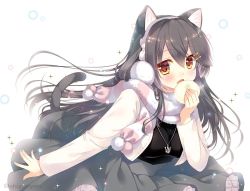Rule 34 | 1girl, :d, animal ears, animal hair, baozi, black shirt, blush, breasts, brown eyes, cat ears, cat tail, earmuffs, food, grey hair, grey skirt, haruna (kancolle), holding, holding food, jacket, jewelry, kantai collection, large breasts, long hair, looking at viewer, necklace, official alternate costume, open mouth, scarf, shigunyan, shirt, simple background, skirt, smile, solo, tail, white background, white jacket, white scarf