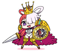 Rule 34 | 1girl, boots, breasts, cape, chan co, chibi, crown, fur cape, hair over one eye, headphones, holding, holding sword, holding weapon, long hair, medium breasts, multicolored hair, one piece, one piece film: red, purple hair, red hair, shield, simple background, solo, split-color hair, sword, uta (one piece), weapon, white background, white hair