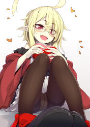 Rule 34 | 1girl, :d, ahoge, airi (ogami kazuki), black footwear, black skirt, blonde hair, box, brown pantyhose, commentary request, detached sleeves, eyes visible through hair, fangs, gift, gift box, glasses, gradient background, grey background, hair over one eye, heart, heart-shaped box, highres, holding, holding gift, huge ahoge, juliet sleeves, knees up, long sleeves, ogami kazuki, open mouth, original, panties, panties under pantyhose, pantyhose, pleated skirt, pointy ears, puffy sleeves, red eyes, red sleeves, shoe soles, shoes, sitting, skirt, smile, solo, underwear, white background, wide sleeves