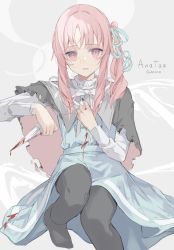 Rule 34 | 1other, absurdres, akiyama mizuki, anataa, black capelet, black pantyhose, blood, blood on clothes, blue dress, blue ribbon, capelet, commentary request, dagger, dress, gehenna (vocaloid), hair ribbon, highres, holding, holding dagger, holding knife, holding weapon, knife, long hair, looking at viewer, monocle, pantyhose, pink capelet, pink eyes, pink hair, project sekai, ribbon, side ponytail, sitting, solo, two-sided capelet, vocaloid, weapon