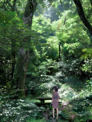 Rule 34 | 1girl, bad id, bad pixiv id, bench, black hair, bob cut, bottle, child, forest, furu, japanese clothes, kimono, nature, plant, scenery, short hair, solo, table, tree, water bottle