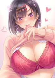 Rule 34 | 1girl, absurdres, black hair, blush, bra, breasts, closed mouth, clothes lift, commentary request, hair ornament, hairclip, heart, highres, himamo, large breasts, lifting own clothes, lips, looking at viewer, mouth hold, nail polish, original, pink sweater, purple eyes, red bra, red nails, school uniform, selfie, short hair, smile, solo, sweater, sweater lift, underwear