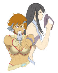 Rule 34 | 2girls, abs, aiming, aiming at viewer, bandana, belt, black eyes, black hair, breasts, brown eyes, brown hair, cleavage, cleavage cutout, clothing cutout, cosplay, dirty pair, earrings, gloves, grin, guan cai-he, gun, highres, jewelry, long hair, looking at viewer, multiple girls, muscular, muscular female, nappii (nappy happy), simple background, single glove, smile, weapon, white background, zhang yan-hua