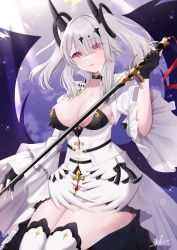 Rule 34 | 1girl, azur lane, black choker, black feathers, black wings, breasts, choker, cleavage, dress, feathered wings, feathers, fingerless gloves, framed breasts, gem, gloves, grey hair, hair ornament, highres, holding, holding sword, holding weapon, joffre (azur lane), long hair, looking at viewer, medium breasts, nagura shiro, purple eyes, red gemstone, red ribbon, ribbon, signature, solo, sword, thighhighs, twintails, weapon, white dress, white hair, white thighhighs, wide sleeves, wings