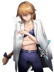 Rule 34 | 1girl, absurdres, belt, blonde hair, blue bow, blue bra, bow, bra, braid, breasts, cigarette, cleavage, closed mouth, collarbone, collared shirt, denim, eyebrows, fate/grand order, fate (series), frown, green eyes, highres, holding, holding cigarette, jeanne d&#039;arc (fate), jeanne d&#039;arc (ruler) (fate), jeans, joe (j studio), long hair, looking away, looking down, medium breasts, pants, shirt, smoke, smoking, solo, sword, underwear, very long hair, weapon, white shirt