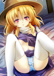 Rule 34 | 1girl, absurdres, areola slip, blonde hair, blush, cameltoe, hair ribbon, hat, highres, looking at viewer, moriya suwako, navel, open mouth, oubou, panties, red eyes, ribbon, sitting, solo, striped clothes, striped panties, thighhighs, touhou, underwear