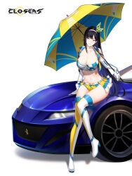 Rule 34 | 1girl, alternate color, arm support, bare shoulders, belt, black hair, boots, breasts, car, choker, cleavage, closers, collarbone, crop top, cropped vest, elbow gloves, full body, gloves, green eyes, hairband, harpy (closers), high heel boots, high heels, highres, holding, holding umbrella, large breasts, long hair, looking to the side, midriff, miniskirt, motor vehicle, navel, non-web source, official art, on vehicle, open clothes, parted lips, race queen, showgirl skirt, sitting, sitting on car, skirt, sleeveless, smile, solo, stomach, thigh boots, thighhighs, thighs, umbrella, very long hair, vest