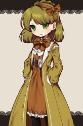 Rule 34 | 1girl, belt, black pantyhose, blonde hair, braid, brooch, brown belt, brown hairband, brown ribbon, brown skirt, closed mouth, coat, commentary request, cowboy shot, crown braid, empty eyes, frilled skirt, frills, green eyes, hair ribbon, hairband, hands in pockets, hoshizuki sakusa, jewelry, library of ruina, long sleeves, multiple belts, neck ribbon, open clothes, open coat, pantyhose, project moon, ribbon, shirt, skirt, solo, tiphereth a (project moon), white shirt, yellow brooch, yellow coat