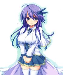 Rule 34 | 1girl, anemone (flower knight girl), blue skirt, capelet, cilfy, colored eyelashes, cowboy shot, flower, flower knight girl, grey eyes, hair flower, hair ornament, long hair, looking at viewer, purple hair, skirt, smile, solo, thighhighs, white thighhighs