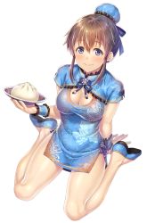 Rule 34 | 10s, 1girl, arm support, bare legs, blue dress, blue eyes, breasts, brown hair, bun cover, china dress, chinese clothes, cleavage, cleavage cutout, closed mouth, clothing cutout, dress, dumpling, floral print, food, full body, hair between eyes, hair bun, highres, idolmaster, idolmaster million live!, large breasts, looking at viewer, nanaran, satake minako, short dress, short hair, short sleeves, side slit, single hair bun, sitting, slippers, smile, solo, transparent background, wariza, wrist cuffs