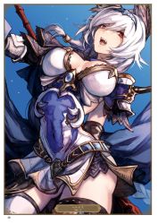Rule 34 | 1girl, animal ears, armor, artist name, artist request, asymmetrical legwear, blue background, breasts, brown eyes, card (medium), character name, cleavage, covered navel, fangs, granblue fantasy, hair between eyes, heles, highres, holding, holding weapon, large breasts, miniskirt, open mouth, page number, pauldrons, polearm, short hair, shoulder armor, silver hair, skirt, solo, spear, thighhighs, uneven legwear, weapon, white skirt, white thighhighs