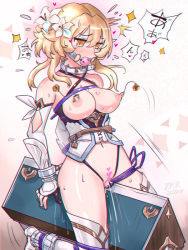 Rule 34 | 1girl, arms behind back, ball gag, bdsm, blonde hair, bondage, bouncing breasts, bound, breasts, censored, collar, commission, cuffs, flower, gag, gagged, genshin impact, hair flower, hair ornament, heart, heart censor, lumine (genshin impact), nipple bells, nipple piercing, nipples, piercing, pixiv commission, pussy, pussy juice, sex machine, slave, solo, wiffle gag, wooden horse, yellow eyes, zero hime