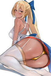 Rule 34 | 1girl, absurdres, ass, bare shoulders, blonde hair, blush, bow, breasts, dark-skinned female, dark elf, dark skin, dress, elf, high ponytail, highres, hololive, hoshara, large breasts, long hair, looking at viewer, multicolored hair, off-shoulder dress, off shoulder, panties, pointy ears, ponytail, shiranui flare, shiranui flare (1st costume), sidelocks, skirt, solo, streaked hair, thighhighs, underwear, virtual youtuber, white background, white hair, white thighhighs, yellow panties