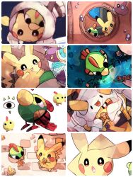 Rule 34 | :o, animal focus, autumn leaves, bird, border, brown eyes, collage, colored skin, commentary request, creatures (company), from above, game freak, gen 1 pokemon, gen 2 pokemon, gen 3 pokemon, gen 8 pokemon, ghost costume, green skin, hanabusaoekaki, highres, luvdisc, natu, nintendo, no humans, pikachu, pokemon, pokemon (creature), polteageist, simple background, spacesuit, submarine, tail, watercraft, white background, white border, white hood, yellow skin