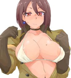Rule 34 | 1girl, areola slip, bikini, breasts, brown hair, cleavage, earrings, gloves, heart, heart earrings, highres, jewelry, large breasts, minakami (flyingman555), navel, open clothes, red eyes, short hair, simple background, snk, solo, sweatdrop, swimsuit, the king of fighters, whip (kof), white background, white bikini