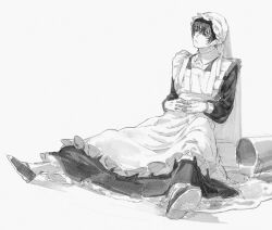 Rule 34 | 1boy, apron, bucket, greyscale, hat, highres, limbus company, long sleeves, maid, maid apron, male focus, mob cap, monochrome, project moon, satome setsuko, shoes, sitting, solo, spill, yi sang (project moon)