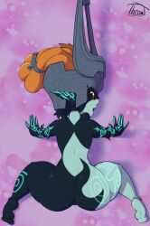 Rule 34 | 1girl, all fours, artist name, ass, back, barefoot, black skin, cleft of venus, colored sclera, colored skin, completely nude, demon girl, fang, female focus, from above, from behind, grey headwear, grey skin, helmet, highres, looking at viewer, looking back, midna, multicolored skin, neon trim, nintendo, nude, open mouth, orange hair, pink background, pointy ears, profile, pussy, red eyes, short hair, signature, soles, solo, the legend of zelda, the legend of zelda: twilight princess, throat (artist), two-tone skin, uncensored, yellow sclera
