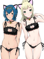 Rule 34 | 2girls, animal ears, arms behind back, bell, black choker, blonde hair, blue eyes, blue hair, blush, braid, breast cutout, breasts, cat bra, cat lingerie, choker, cleavage, closed mouth, commentary request, creatures (company), game freak, gluteal fold, green eyes, green hair, hairband, hand up, highres, lana (pokemon), lillie (pokemon), long hair, looking at viewer, meme attire, multiple girls, navel, neck bell, nintendo, nishikino kee, no sclera, parted lips, paw pose, pokemon, pokemon sm, shiny skin, short hair, simple background, teeth, thigh gap, white background