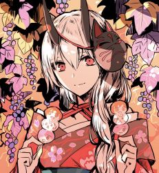 Rule 34 | 1girl, alternate costume, braid, closed mouth, dango, fate/grand order, fate (series), floral print, food, fou (fate), fox mask, fujimaru ritsuka (female), hair between eyes, hair over shoulder, hands up, holding, holding food, horns, japanese clothes, kimono, leaf, looking at viewer, maple leaf, mash kyrielight, mask, mask on head, obi, red eyes, red kimono, rioka (southern blue sky), sanshoku dango, sash, silver hair, smile, solo, tomoe gozen (fate), upper body, wagashi