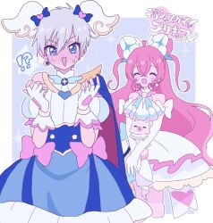 Rule 34 | 1boy, 1girl, ascot, black pepper (precure), blue cape, blue eyes, blush, bow, cape, closed eyes, cone hair bun, cosplay, crossdressing, cure precious, cure prism, cure prism (cosplay), cure sky, cure sky (cosplay), delicious party precure, dress, earrings, elbow gloves, fingerless gloves, glove bow, gloves, grey hair, hair bun, highres, hirogaru sky! precure, jewelry, magical girl, nagomi yui, pink bow, pink hair, precure, shinada takumi, tapi (pnkt yksb), two side up, white ascot, white dress, white gloves, wing hair ornament