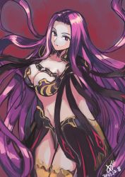 Rule 34 | 1girl, 2017, absurdly long hair, armor, bikini armor, black armor, breasts, closed mouth, dated, eyebrows, facing away, fate/grand order, fate (series), floating hair, gorgon (fate), hair intakes, large breasts, long hair, looking at viewer, medu (rubish), medusa (fate), medusa (rider) (fate), midriff, navel, purple eyes, purple hair, red pupils, rider, scales, showgirl skirt, solo, stomach, straight hair, very long hair