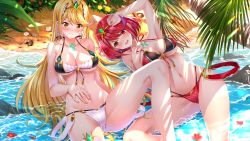 Rule 34 | 2girls, :d, arm up, armpits, bare arms, bare legs, bare shoulders, beach, bikini, blonde hair, blush, breasts, brown eyes, cleavage, closed mouth, collarbone, commentary request, day, feet out of frame, flower, flower on liquid, hair between eyes, headpiece, highres, knee up, large breasts, long hair, lying, multiple girls, mythra (xenoblade), navel, nintendo, nose blush, on back, open mouth, outdoors, palm tree, petals, petals on liquid, pyra (xenoblade), red bikini, red eyes, red flower, red hair, round teeth, sand, seashell, shallow water, shell, smile, starfish, swimsuit, swordsouls, teeth, tree, upper teeth only, very long hair, water, white bikini, xenoblade chronicles (series), xenoblade chronicles 2