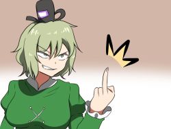 Rule 34 | 1girl, ^^^, breasts, frilled sleeves, frills, gradient background, green eyes, green hair, grin, hat, large breasts, matching hair/eyes, middle finger, puffy sleeves, shinori, short hair, smile, soga no tojiko, solo, tate eboshi, touhou, upper body