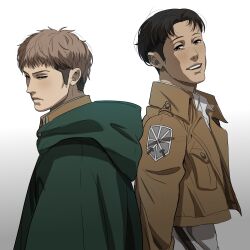 Rule 34 | 2boys, back-to-back, black hair, brown hair, freckles, from side, highres, jean kirstein, male focus, marco bott, mourning, multiple boys, open mouth, paradis military uniform, shingeki no kyojin, short hair, sideburns, smile, spoilers, thick eyebrows, upper body, valmendy, yaoi