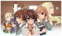 Rule 34 | animification, book, castle, cedric diggory, chibi, cho chang, collared shirt, diagonal-striped clothes, diagonal-striped necktie, draco malfoy, fleur delacour, glasses, green eyes, group picture, harry potter, harry potter (series), harry potter and the triwizard tournament, hermione granger, holding, holding book, injury, multiple boys, multiple girls, necktie, pineapplebes, ron weasley, school uniform, shirt, short hair, striped clothes, viktor krum, wavy hair, wizarding world