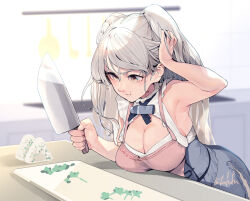 1girl absurdres apron breasts brown_eyes cleavage_cutout clothing_cutout conte_di_cavour_(kancolle) conte_di_cavour_nuovo_(kancolle) cutting_board dress fuwafuwatoufu grey_dress grey_hair highres holding holding_knife kantai_collection kitchen_knife knife large_breasts layered_dress long_hair pink_apron solo two-tone_dress two_side_up white_dress