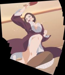 Rule 34 | 1girl, absurdres, ball, bouncing breasts, breasts, brown eyes, brown hair, cleavage, collarbone, getsuyoubi no tawawa, highres, japanese clothes, kimono, kouhai-chan (tawawa), large breasts, no bra, open mouth, paddle, robe, sandals, screencap, short hair, smile, solo, stitched, sweat, table tennis paddle, thighs, third-party edit, yukata