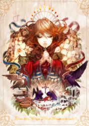 Rule 34 | 1girl, bird, brown hair, cake, cross, death (entity), closed eyes, fire, flower, food, h@ruichi, little match girl, long hair, matches, original, pie, praying, crow, red hair, ribbon, rosary, solo