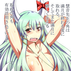 Rule 34 | 1girl, areola slip, armpits, blush, breasts, check translation, cleavage, close-up, ex-keine, green hair, hair censor, hair over breasts, horns, kamishirasawa keine, large breasts, long hair, out-of-frame censoring, red eyes, solo, string, sweat, topless, touhou, translated, translation request, yagami (mukage)