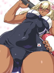 Rule 34 | 1girl, blonde hair, breasts, cosplay, dark-skinned female, dark skin, dd (ijigendd), female focus, flower, from below, frown, hair flower, hair ornament, hand on own hip, innertube, kantai collection, large breasts, long hair, musashi (kancolle), nail polish, one-piece swimsuit, red eyes, ro-500 (kancolle), ro-500 (kancolle) (cosplay), school swimsuit, solo, swim ring, swimsuit, thighs