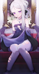 Rule 34 | 1girl, absurdres, bare shoulders, blue archive, dress, highres, hina (blue archive), jinjide shaonian, looking at viewer, purple dress, purple eyes, smile, solo, torn clothes, white hair, wings